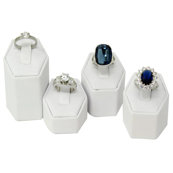 White Leatherette 4-Pc Ring Display Holder Set