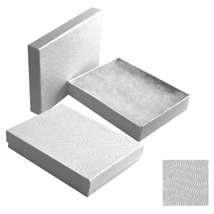 #53 - 5 3/8" x 3 7/8" x 1"H White Swirl Cotton Filled Paper Box