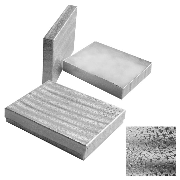 #85 - 8 1/8" x 5 5/8" x 1 3/8"H Silver Cotton Filled Boxes