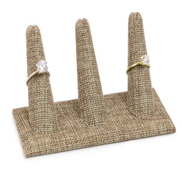 Brown Burlap 3 Finger Jewelry Ring Display