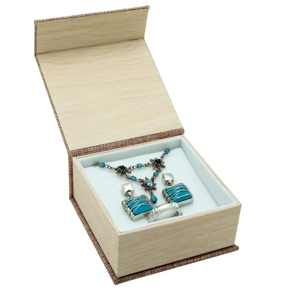 Brown Burlap Faux Natural Wood Jewelry Pendant and Earring Combination Boxes