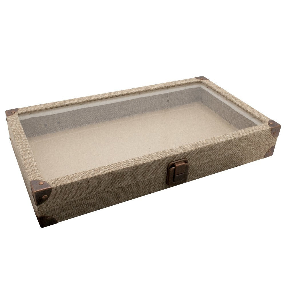 Brown Burlap Jewelry Tray with Glass Lid