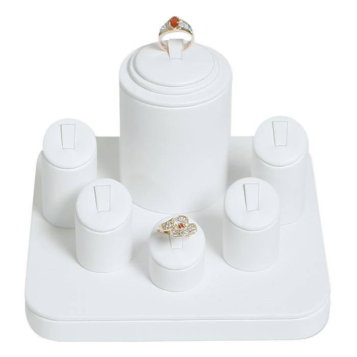 White Leatherette Jewelry Ring Display, Holds 6 Rings