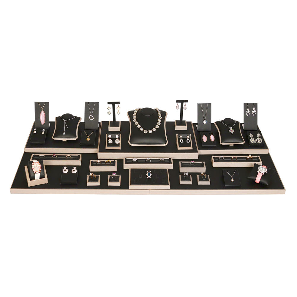 Luxury Black Faux Leatherette with Gold Trim 34-Piece Display Set