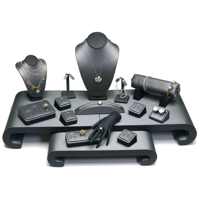 Steel Grey Leatherette w/ Black Faux Leather Trim 17 Piece Jewelry Display Set