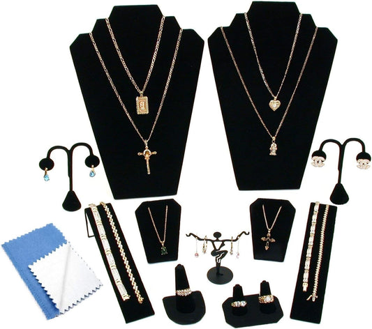 11 Piece Black Velvet Combination Bust Set for Necklace, Bracelet, Earring, Pendants and Ring
