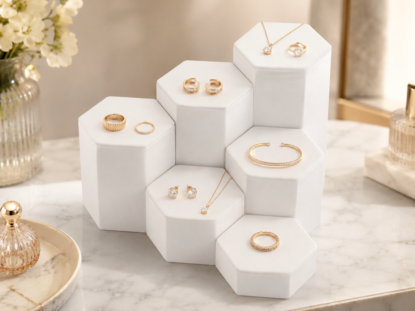 White Leatherette 6 Piece Display Shelf Riser Set