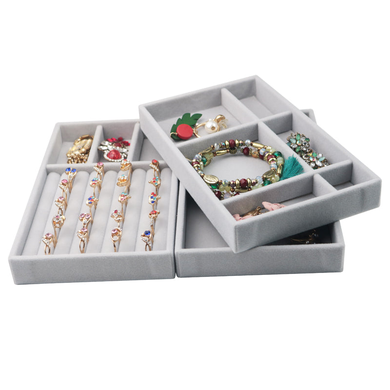 Gray Velvet Jewelry Storage 6 Slot Tray: Elegant Organizer for Necklaces, Rings, and Bracelets