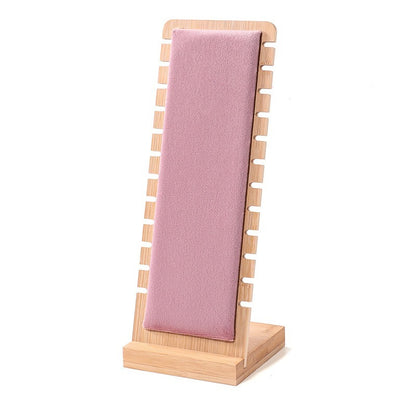 Bamboo Frame Jewelry Necklace Display Stand Pink Suede Leather- Pink