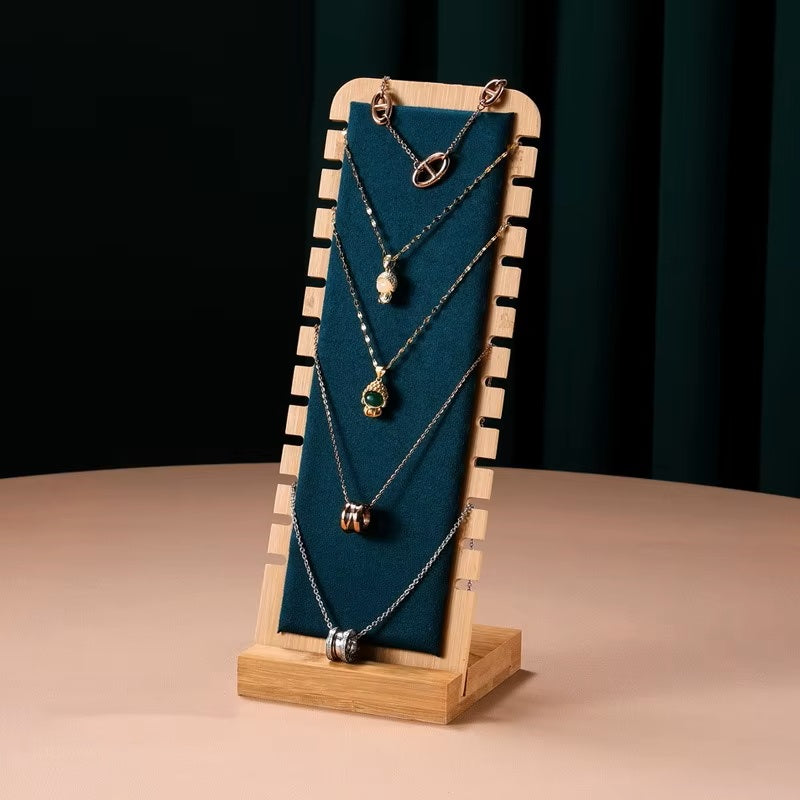 Bamboo Frame Jewelry Necklace Display Stand Suede Leather- Green