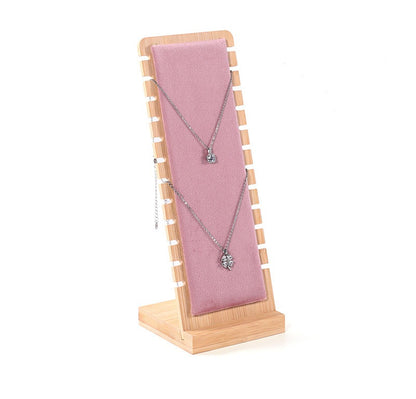 Bamboo Frame Jewelry Necklace Display Stand Pink Suede Leather- Pink