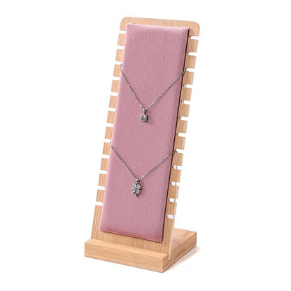 Bamboo Frame Jewelry Necklace Display Stand Pink Suede Leather- Pink