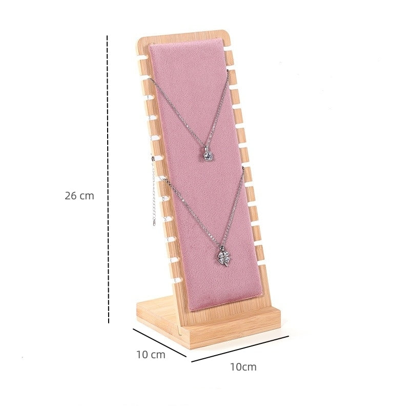 Bamboo Frame Jewelry Necklace Display Stand Pink Suede Leather- Pink
