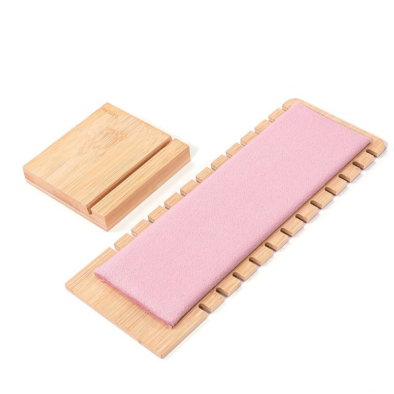 Bamboo Frame Jewelry Necklace Display Stand Pink Suede Leather- Pink