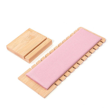 Bamboo Frame Jewelry Necklace Display Stand Pink Suede Leather- Pink