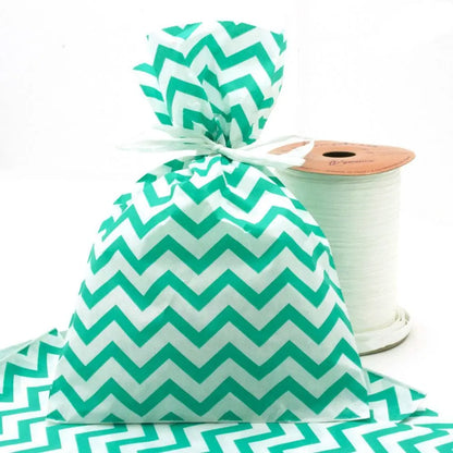 Teal and White Chevron Gift Shopping Bags, 100 Per Pack, 6" x 9"