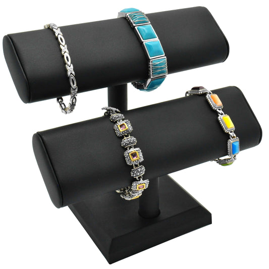 Black Leatherette 2 Tier Jewelry Bracelet / Watch Oval T Bar Stand