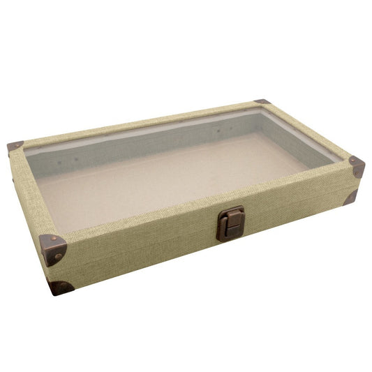 Beige Linen Jewelry Tray with Glass Lid