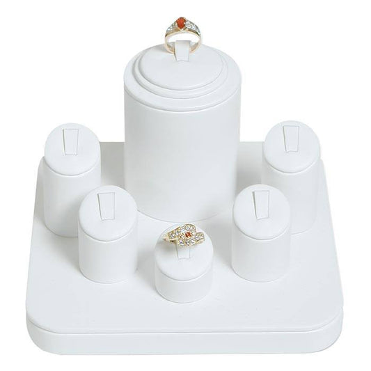 White Leatherette Jewelry Ring Display, Holds 6 Rings