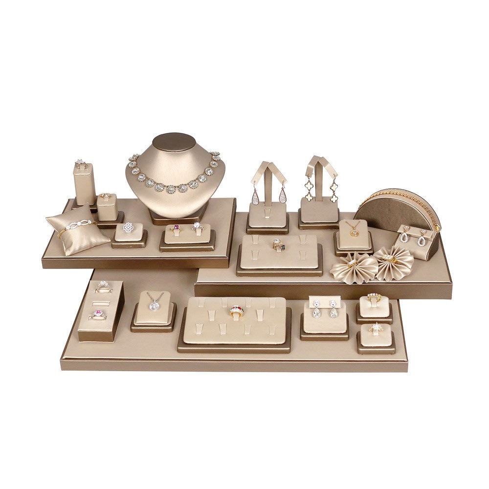 Champagne Gold Faux Leather with brown Trim 27-Piece Display Set